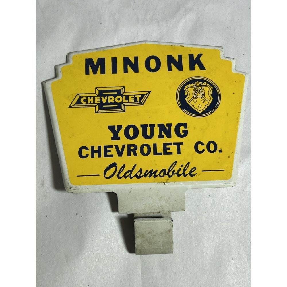 VTG Rare Minonk Young Chevrolet Co Oldsmobile Chevy License Plate Topper Sign